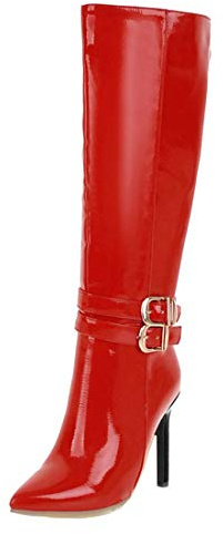 MISSUIT Damen Lackstiefel High Heels Kniehoch Stiefel Spitz Langschaftstiefel Stiletto Boots mit Schnallen und Reißverschluss
