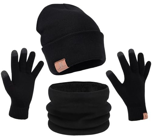 Petrunup Mütze Schal Handschuhe, Winter Slouch Beanie Nackenwärmer und Touchscreen Handschuhe Herren mit Fleecefutter, Schwarz