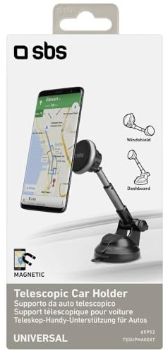 SBS Supporto da Auto con Attacco a Ventosa per cruscotto o Parabrezza con Rotazione di 360°, braccetto allungabile e aggancio Magnetico per Smartphone