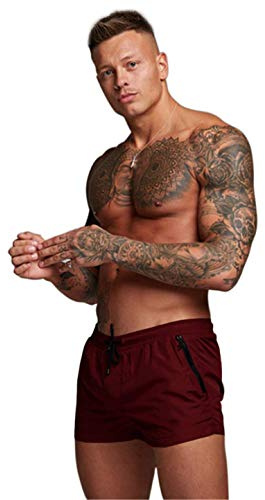 Redqenting Men’s Swim Trunks Quick Dry Swim Shorts Board Shorts with Triangle Mesh Lining Wine Red
