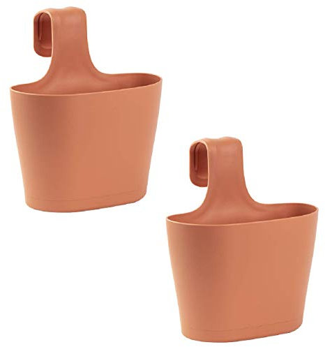 ENGELLAND 2 x Blumentopf zum Auf-Hängen, Geländertopf, Rotbraun, Hängetopf, Balkon-Kasten, oval, Übertopf, Pflanzkasten, mit Wasserspeicher/Wasserauffangschale, 2,8 Liter