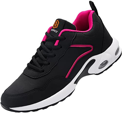 DYKHMILY Chaussure de Securite Femmes Legere Coussin d'air Basket de Sécurité Embout Acier Protection Confortable Respirante Réfléchissant Chaussures de Travail(Noir Rose38 EU)