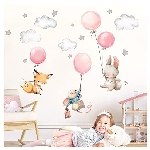 Little Deco Wandsticker Kinderzimmer Wandtattoo Mädchen Hase Maus Fuchs I Wandbild 100 x 58 cm (BxH) I Ballon Sterne Wandaufkleber Spielzimmer Baby DL609