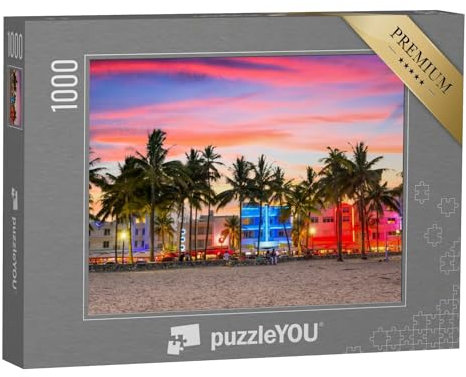puzzleYOU: Puzzle 1000 Teile „Ocean Drive im Sonnenuntergang, Miami Beach, Florida, USA“ – aus der Puzzle-Kollektion USA, Miami, Florida, Amerika, Amerikanische Städte