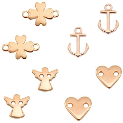 Sadingo Schmuckverbinder Makramee Set Rosegold 8 Stück 4 Motive je 2 Armband Anhänger Anker Herz Engel Klee DIY Schmuck