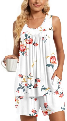 TAOHUADAO Womens Summer 2 Piece Pajama Sets, Sleeveless Pleated Tunic Tops with Comfy Shorts, Lounge Sleepwear Ladies Pjs Sets with Pockets XL, Floral White