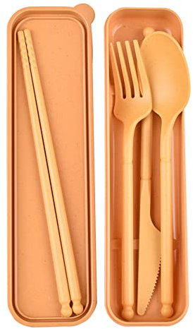 Camping Utensil Set, Reusable Utensils Set with Case, Plastic Cutlery Set Forks Spoon Tableware Chopsticks, Portable Cutlery Set for Travel Picnic Camping or Daily Use (Yellow)