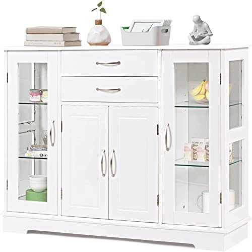 GIANTEX Buffet de 3 Couches avec Étagères Réglables et Portes, Meubles de Rangement Contemporains avec 2 Tiroirs et 3 Compartiments, Idéal pour Salon, Salle à Manger, Bureau, Couloir (Blanc)