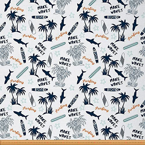 Loussiesd Ozean Beach Stoff von The Yard Tropisch Palme Shark Polsterstoff für Stühle Meer Wave Surfing Dekostoff für Polster und Heimwerkerprojekte Blau Weiß 460x150cm