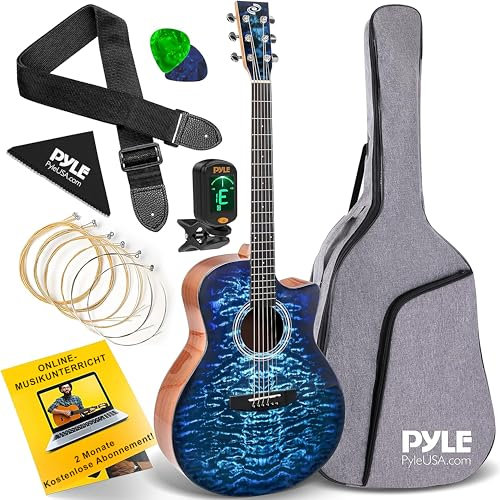 Pyle Akustik Gitarre – Akustische Gitarre für Anfänger, Guitar Acoustic, Western Gitarre für Erwachsene mit Stimmgerät, Gitarre mit Tasche & Set, hochwertige Gitarre Akustik mit Cutaway, 104cm, Blau