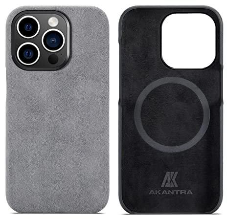 AKANTRA Alcantara Schutzhülle für Apple iPhone 14 Serie, handgefertigt, halb umwickelt, synthetisches Wildleder, kompatibel mit kabellosem Magsafe Laden (iPhone 14 Pro, Grau)