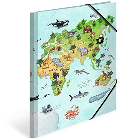 HERMA Sammelmappen A4 Weltkarte Set, 3 Stück, Eckspanner-Mappen aus Pappe mit Kindergarten Motiv, Gummizug, Innenklappen und Innendruck für Jungen, Mädchen und Kinder