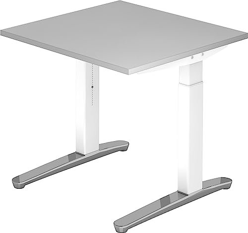 bümö manuell höhenverstellbarer Schreibtisch 80x80 in grau, Gestell in weiß/alu - PC Tisch höhenverstellbar & klein, höhenverstellbarer Tisch Büro, Kleiner Computertisch verstellbar