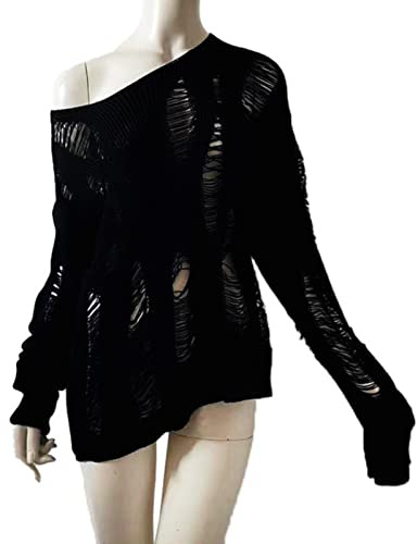 PIYAX Gothic Punk Pullover für Damen, Streetwear, Harajuku-Strickpullover mit Löchern
