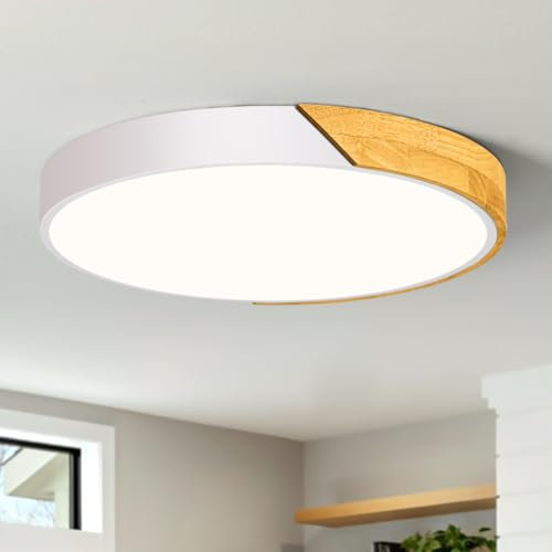 Qamra LED Deckenleuchte, Weiß Deckenlampe, 40cm Lampe mit Holz für Wohnzimmer Schlafzimmer Küche Flur Esszimmer 36W 4000K
