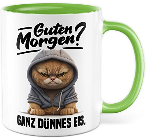 Tasse mit Spruch lustig Katze Morgenmuffel Witz Geschenkidee Kaffeetasse Humor Geschenk für Verschlafen Kaffeebecher Witz Becher (Weiß & Grün)