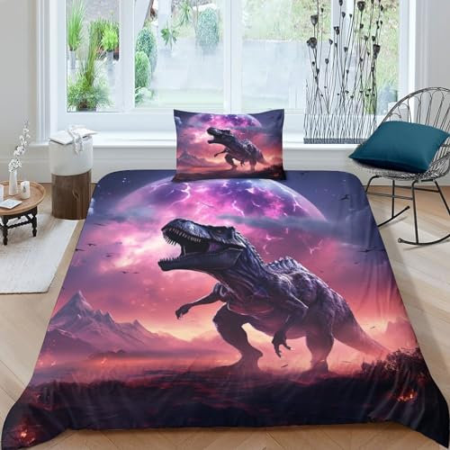 OPSREY Dinosaurier Bettwäsche Mit Kissenbezügen Microfaser Tyrannosaurus Rex Bettbezug Und Kissenbezug Baumwolle Steppdeckenbezug Set Mit Reißverschluss Bettdeckenbezug Single(135x200cm)
