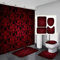 Duschvorhang Schwarz Rot Badezimmerteppich 4-Teiliges Set, Duschvorhang 180x180 Polyester+Badematte rutschfeste(50x80)+U-Typ Teppich Wasseraufnahme Schmutzfangmatte+Toile Fußmatte