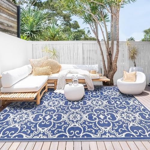 Famiaby Outdoor Teppich Wetterfest Terrasse Teppich Kunststoff Garten Teppich Balkon Wendbar Leichtgewicht Picknickdecke Faltbar Bodenmatte für Terrasse Garten Balkon