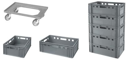 Logiplast 7 Stück E2-Kasten grau + 1 Transportroller mit vier Lenkrollen grau