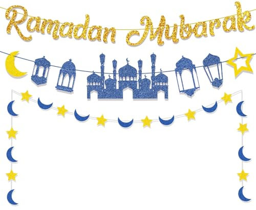 Ramadan Dekorationen, Ramadan Mubarak Banner Mond Stern Papierstring Ramadan Dekorationen für Zuhause Ramadan Bunting Banner für Islamische Partei Dekorationen