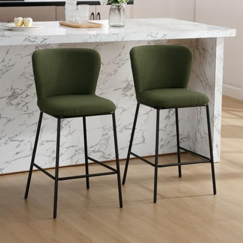 Wahson 2X Taburetes de Bar de Lino Sillas Altas de Cocina Moderna con Respaldo Cómodo,Taburetes de Desayuno Cojín Grueso Taburetes de Cocina para Hogar/Restaurante,Verde