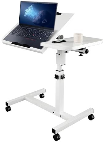 uyoyous Movable Overbed Table Computer Workstations Laptop Table for Sofa Height Adjustable 61-91cm Standing Desk with Wheels Portable Side Table for Living Room Bedroom White