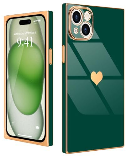 Urarssa for iPhone 15 Plus Case Cute Rectangle Heart Pattern Luxury Gold Plating Cases Women Girls Shockproof Bumper Silicone Protective Cover for iPhone 15 Plus-Green