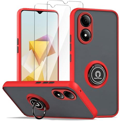 LYZXMY Funda para ZTE Blade A33s Rojo con Soporte de Anillo+2 x Protector de Pantalla de Vidrio Templado,PC +TPU A Prueba de Golpes Anti-arañazos Funda del teléfono Cubierta
