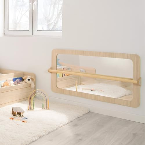 Bainba - Miroir Montessori évolutif Bouleau | Barre d'appui réglable – Surface incassable en méthacrylate – 112x60 cm – pour bébé et Enfant