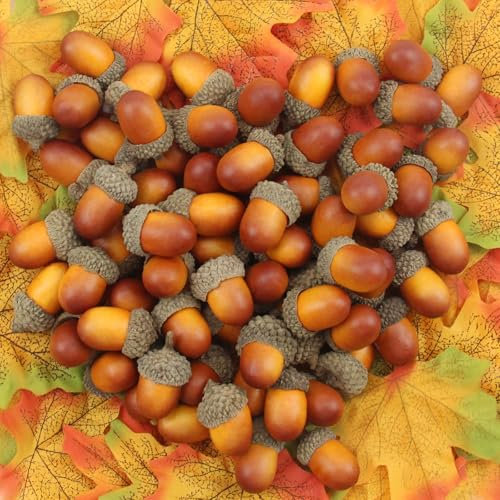 Kapokr 150 Stück Mini Künstliche Eicheln Simulation Eichel mit Natürlicher Eichelkappe Künstlicher Ahornblatt Eicheln Decor Craft für Herbstdeko Thanksgiving Halloween Weihnachtszeiten Deko