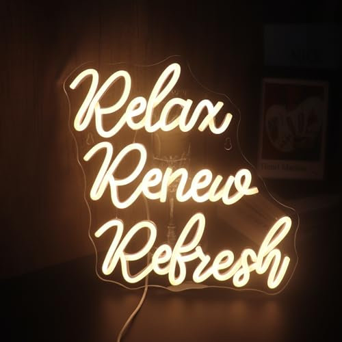 Relax Renew Refresh Neon Sign Led Dimmable Neon Lights for Bar Room Home Art Wall Decor Party Window Living Room Decor Christmas' Birthday Gift (Warm white)