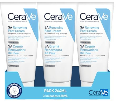 CeraVe SA Erneuernde Fußcreme, 3 x 88 ml, für extrem trockene, raue und gereizte Füße, Peeling und spendet intensive Feuchtigkeit, mit Salicylsäure, 3 essentiellen Ceramiden und Ammonium-Laktat.