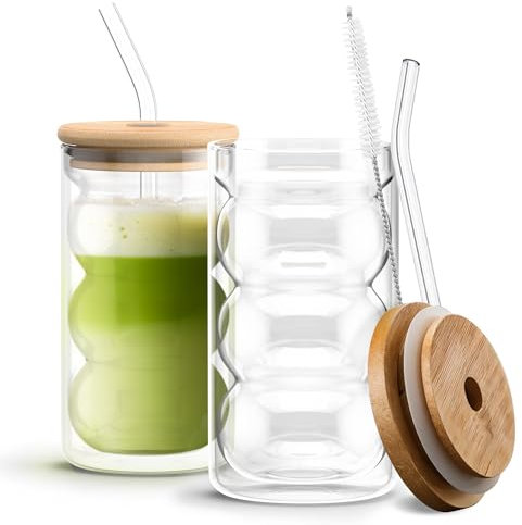 Happy Path & Co 480 ml geriffeltes Blasenglas-Set, 2 transparente Gläser mit 2 gebogenen Glasstrohhalmen, 2 Deckeln und Reinigungsbürste, für Eiskaffee, Matcha, Cocktails, Smoothies usw., langlebige