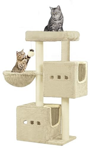 Hzuaneri Arbre à Chat,Tour de Jeux 98 cm, Meubles de Maison pour Chats avec 2 Niches, Grande Plate-Forme, Sisal Griffoir, Hamac, Beige MS10018YL