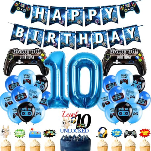 10th Birthday Decorations Video Game - 34 Pcs Blue Gaming Party Decoration Happy Birthday Banner Game Controller Foil Balloons Number 10 Balloon Level Up Cupcake Toppers for Boys Party Supplies