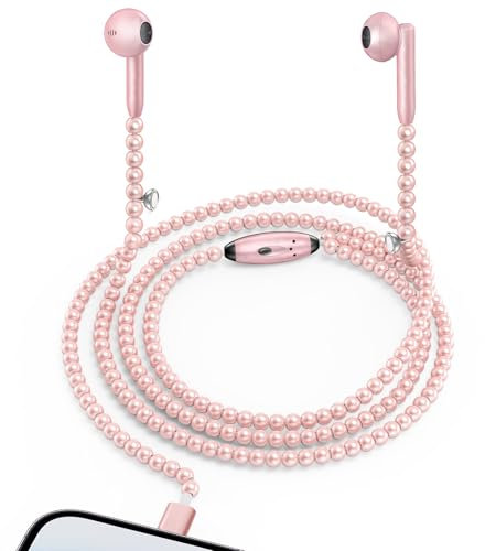 Coolden für iPhone Kopfhörer mit Kabel Rosa Perlen In-Ear Kopfhörer HiFi Audio Stereo Ohrhörern mit Magnetische Schnalle Mikrofon und Lautstärkeregler für iPhone 14/13/12/11/Pro Max/SE/XS/XR/8/7