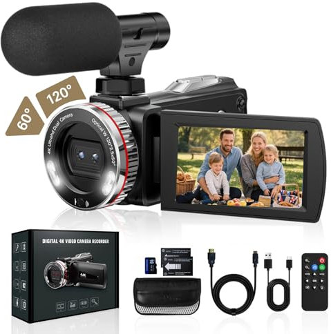 Euiivnt 4K 60FPS Video Camera Camcorder with HDMI cable, 48MP Vlogging Cam for YouTube, 21X Zoom, Dual Lens Recorder, Rotatable Screen with Mic, 2 Batteries & 64GB Card