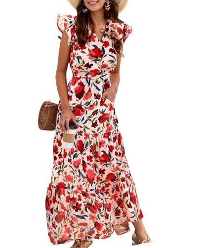 Robe De Soirée Longue Ete Fleurie Fluide Robe Femme Chic Et Elegant Dentelle Cocktail Vetement Ete sans Manches Boheme Légère Coton Summer Dress(Vermillon,S)