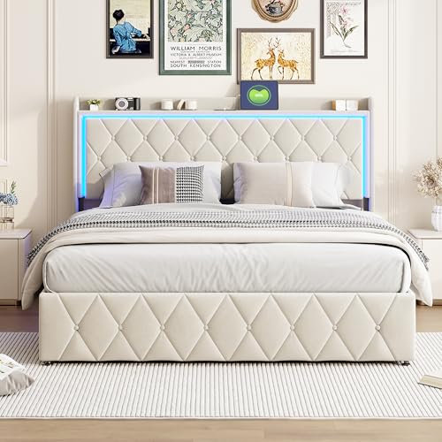 MOTUZP Polsterbett 140 x 200 cm, Polsterbett Doppelbett Bettanlage mit Kopfteil, Kopfteil mit LED und USB Ladestation, Stabiler Bettrahmen mit Lattenrost, Beige Samt (Beige-B)