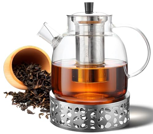 1500 ml Glass Teapot with Warmer, Glass Tea Maker with Strainer Insert, Removable, Tea Pot Set Made of Borosilicate Glass, Glass Teapot, Teapot for Loose Tea, Tea Bags, Glass Jug for All Types of Tea