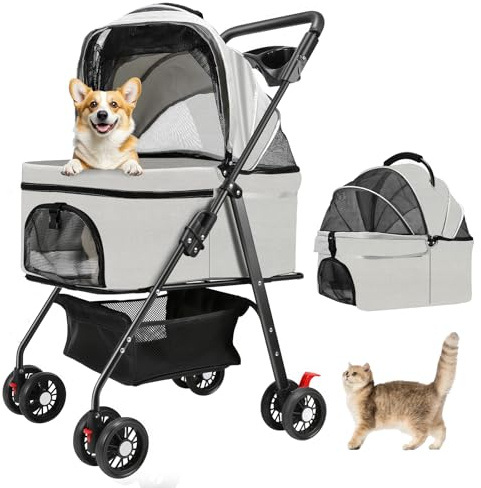 AODI Pet Stroller for Small Dogs and Cats with 4 Wheels, 3 in 1 Foldable Dog Stroller with Detachable Carrier, Breathable Mesh, Storage Basket & Cup Holder, Up to 15 kg (Black)