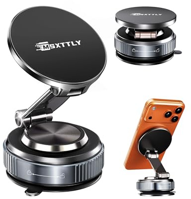 MSXTTLY for MagSafe Car Mount, S2 Vacuum Car Phone Hoder, Foldable Design | [3700gf Strong Magnet & 90+LBS Suction Base]360° Arm Fits Windscreen Dashboard Textured, for iPhone 17-12 Android Phones