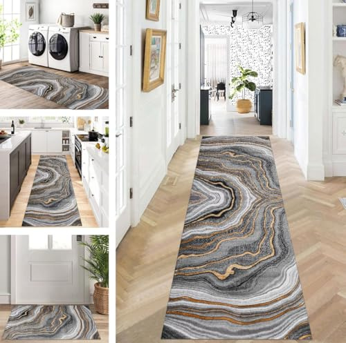 ZUZEKU Läufer Flur Küche Waschbar rutschfest 80X400cm Lang 3D Grau Schwarz Gold Küchenteppich Flurteppich Teppich Fur Korridor Wohnzimmer Schlafzimmer Meterware Anpassbar