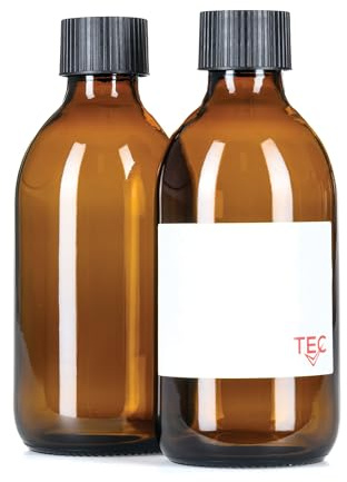 TEC 300ml Amber Glass Bottles with Black Caps 65% Recycled UK Made | Brown Small Screw Caps Cleaning Hair Water Oil Gardening Mist Essential Oils Recyclable Labels Wrapped in Sustainable Paper