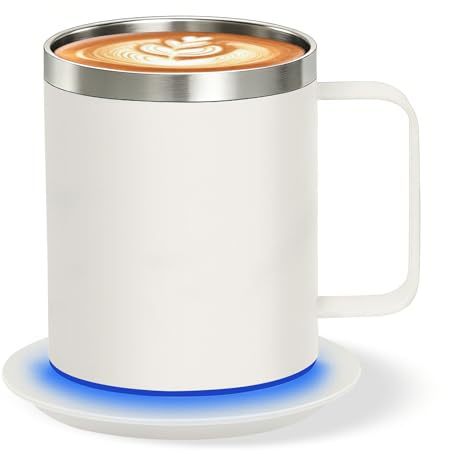 Zhenglu Heated Coffee Mug, 131°F Heating Cup with Lid, Mug Warmer for Desk, Self Heating coffee mug rechargeable for Cocoa, Milk, Tea(Off White-12oz)