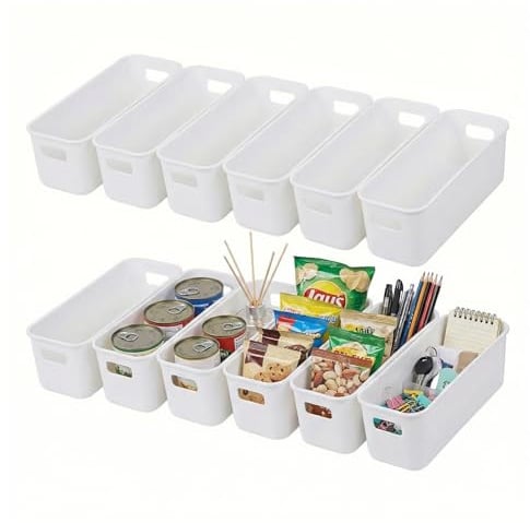 12 Stück weiße Aufbewahrungsbox mit Griffen, 22 x 8.5 x 6.5 cm Kunststoff Organizer Box, Aufbewahrungsbox Klein, Stapelbare Aufbewahrungskörbe für Küche, Badezimmer, Schrank & Büro, Schmale Ordnungsbo
