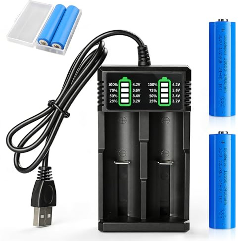 Akku 3.7V Li-Ion Battery, NAVESO 2 Stück 3400mah Li-Ion Wiederaufladbarer Akku, RC Akk-u Batterie mit Akk-u Ladegerät und Aufbewahrungsbox für Mikrofone Taschenlampen Kleinen Lüfter Türklingel