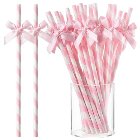 50 Pcs Pink Straws, Bow Straws and Cocktail Straws Set, Decorative Paper Straws for Parties and Events, Pack of Elegant Drinking Straws