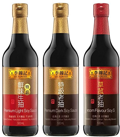 3 verschiedene LEE KUM KEE Sojasauce je 500ml [dunkel, hell, Pilzsauce] Soja-Sauce + ein kleiner Glücksanhänger gratis